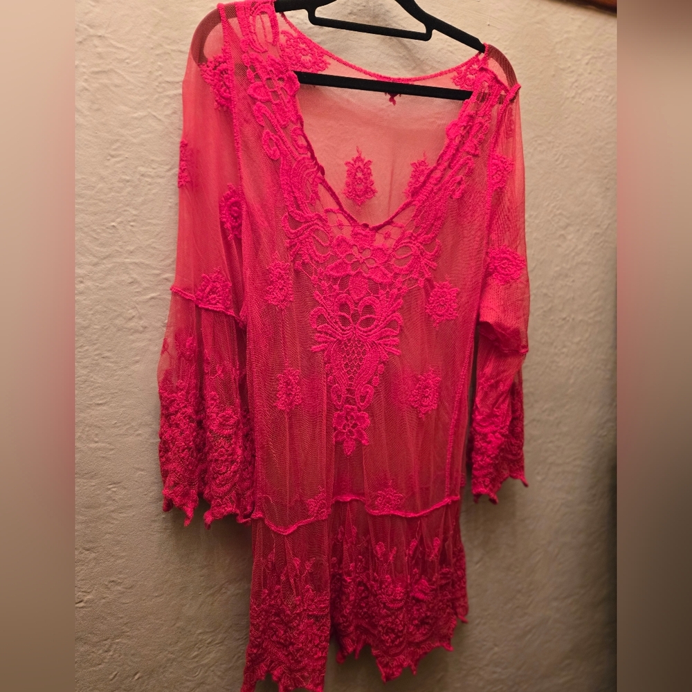 Sheer Red Lace Boho Tunic | Embroidered Mesh Top
